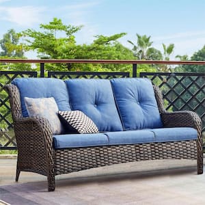 Carolina Brown Wicker Outdoor Patio Sofa Couch with Blue Cushions