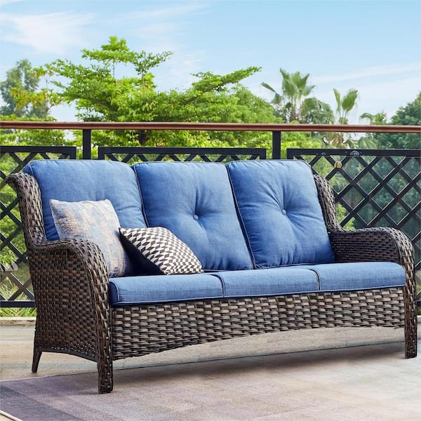 Gymojoy Carolina Brown Wicker Outdoor Patio Sofa Couch with Blue Cushions