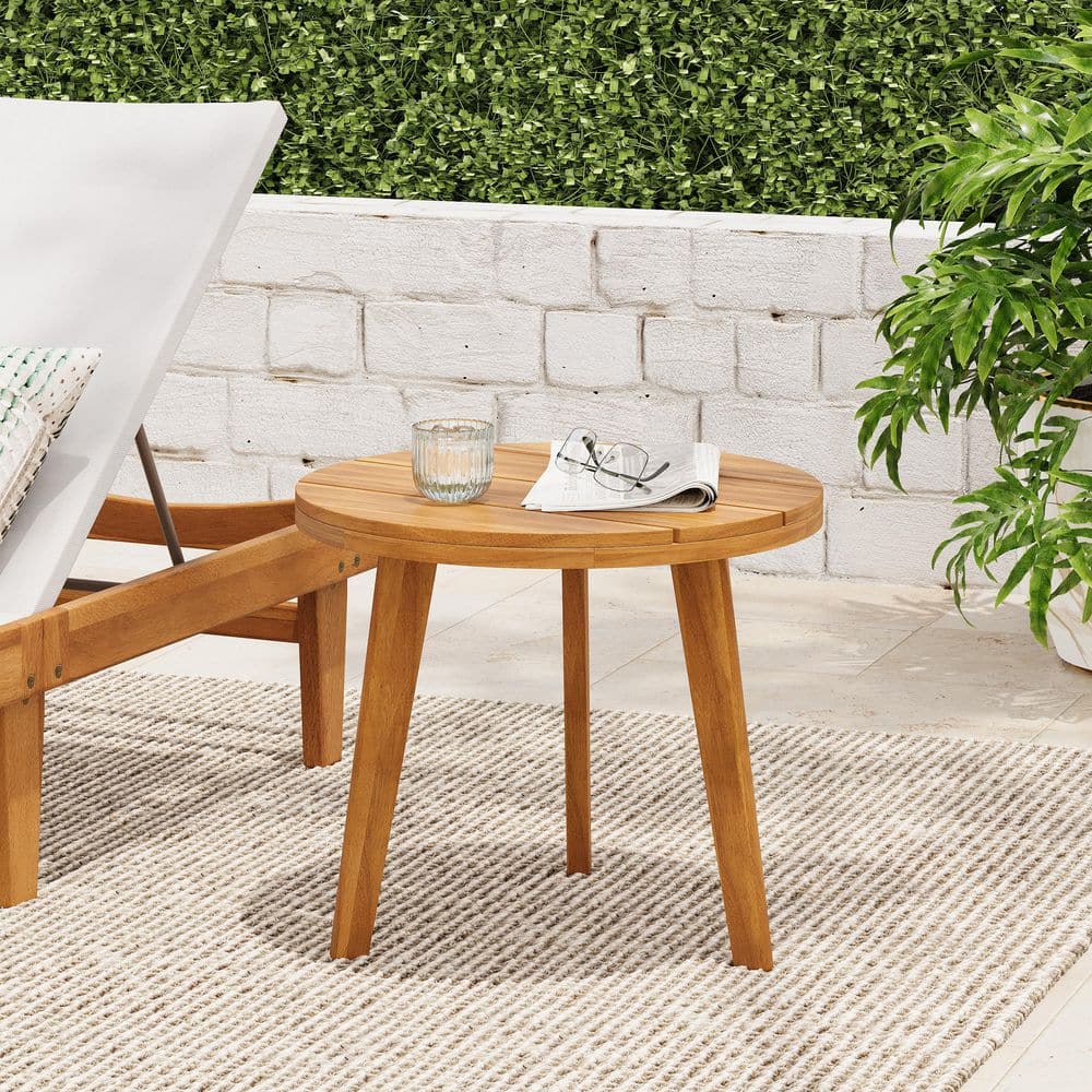 Steven Teak Finish Round Acacia Wood Patio Outdoor Side Table with Slatted Top