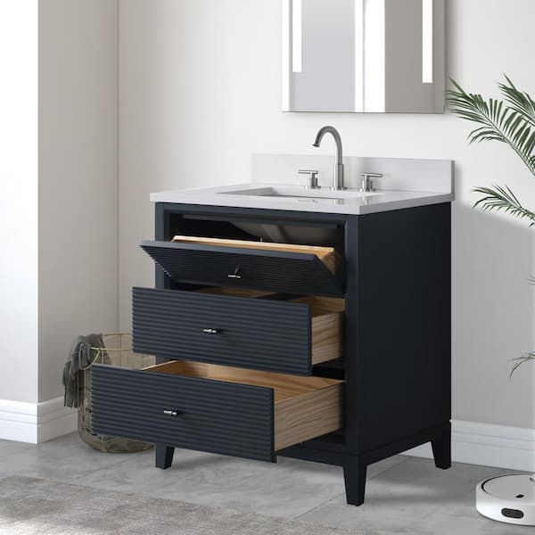 30 in. W Single Sink Freestanding Vintage Spruce Blue Bath Vanity Cabinet with Ariston White Engineered Marble Top