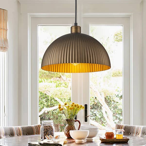 Elizabeth 11.8 in. 1-Light Vintage Gold Stripe Dome Pendant Light Fixture
