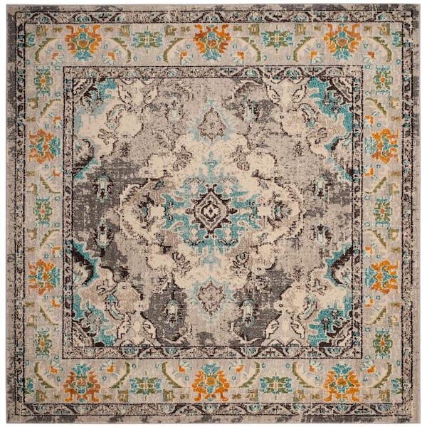 SAFAVIEH Monaco Gray/Light Blue 7 ft. x 7 ft. Distressed Border Medallion Square Area Rug