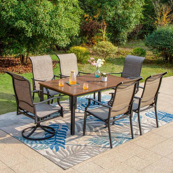 PHI VILLA Black 7-Piece Metal Outdoor Dining Set with Brown Rectangular  Table-Top and Padded Swivel Rocker Texitilene Chairs THD7-140116117 - The  Home Depot