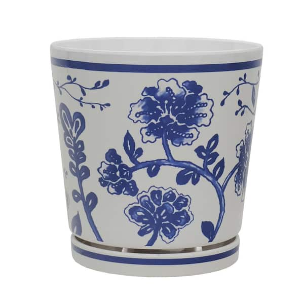 MPG 8.75 in. Dia Blue and White Floral Pattern Melamine Pot with In-Line Saucer (2-Pack)