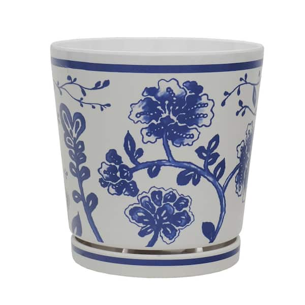 8.75 in. Dia Blue and White Floral Pattern Melamine Pot with In-Line Saucer (2-Pack)
