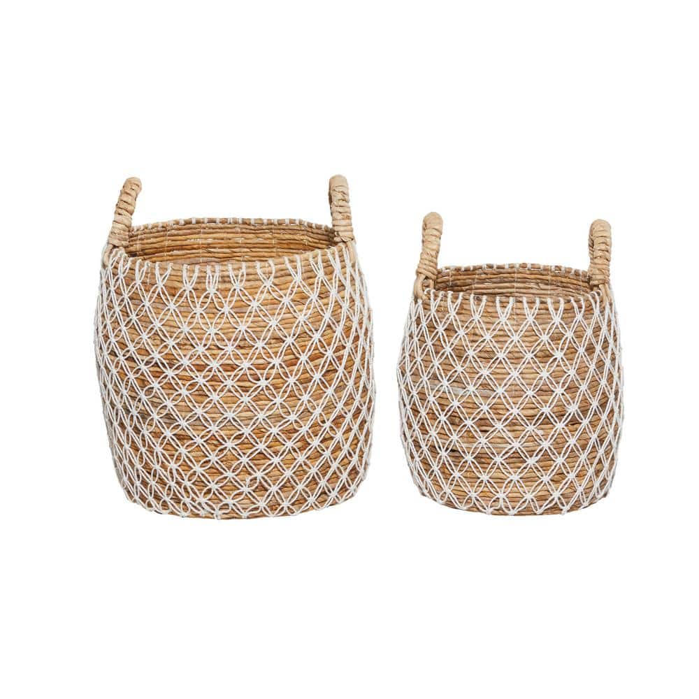 Handmade Brown and White Banana Leaf Round Storage Baskets, Set of 2