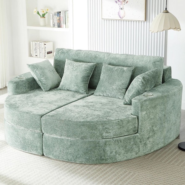 Green 80 in. W Velvet Upholstered Chaise Sofa Curved Chaise Lounge Sofa, Boneless Sofa Bed with 2-Cup Holders