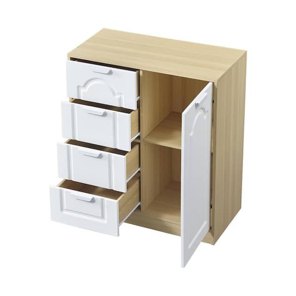 White and Wood-Colored 31.5 in. Storage Cabinet with Adjustable Shelf and 4-Removable Drawers for Multiple Spaces