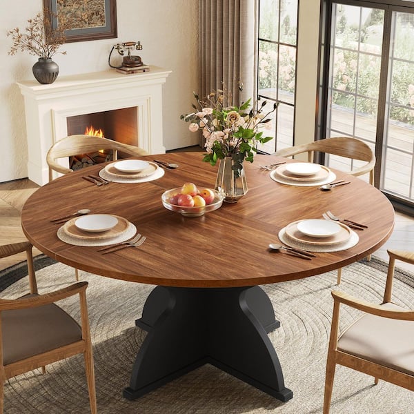 Sealey Farmhouse Brown Wood 47 in. Pedestal Dining Table Seats 4 Kitchen Table Circle Dinner Table, Dining Room Table