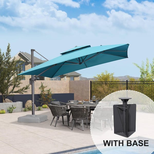 PURPLE LEAF 12 ft. Square 2-Tier Aluminum Cantilever 360° Rotation Patio Umbrella with Base in Ground, Turquoise Blue