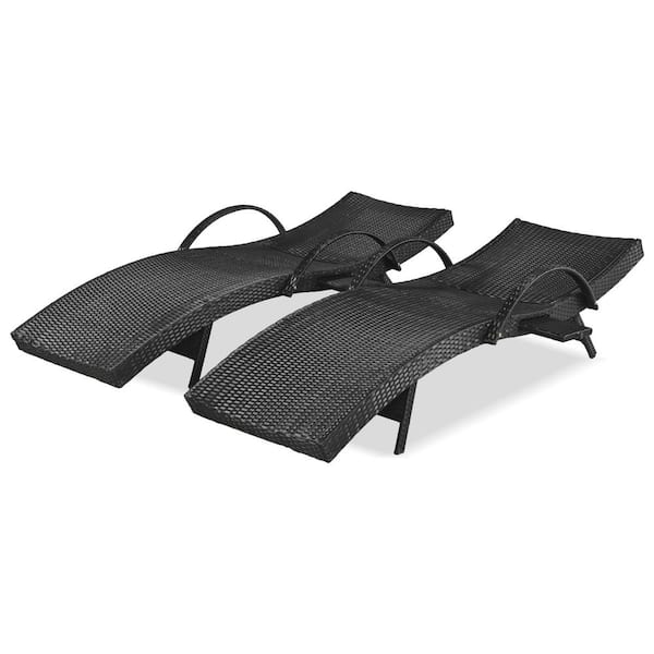 Black Outdoor Wicker Chaise Lounge Chairs with 5-Level Adjustable Backrest (Set of 2)