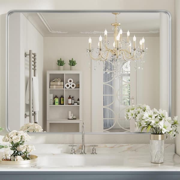 PRIMEPLUS 30 in. W x 40 in. H Large Rectangle Metal Framed Wall Mirrors Bathroom Mirror Vanity Mirror Accent Mirror in Silver