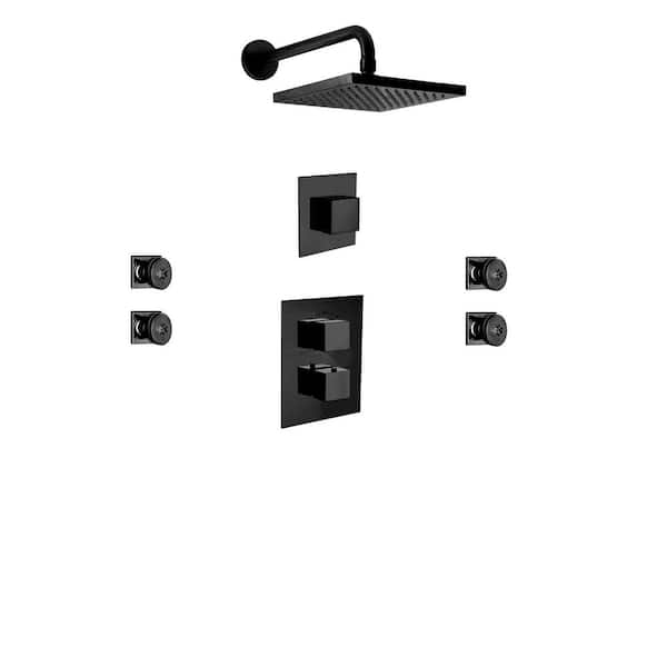 LaToscana Quadro 3-Spray 8 in. Wall Mount Square Showerhead with Body Jets in Matte Black