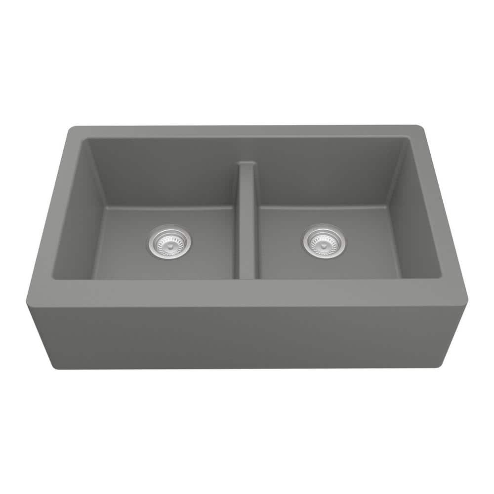 Gray Quartz Farmhouse Double Bowl Kitchen Sink, 34"