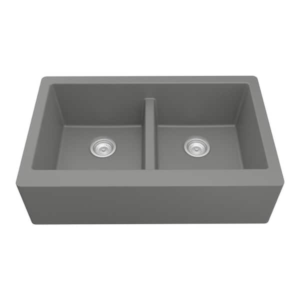 Farmhouse Apron Front Quartz/Granite Composite 34 in. Double Bowl Kitchen Sink in Grey
