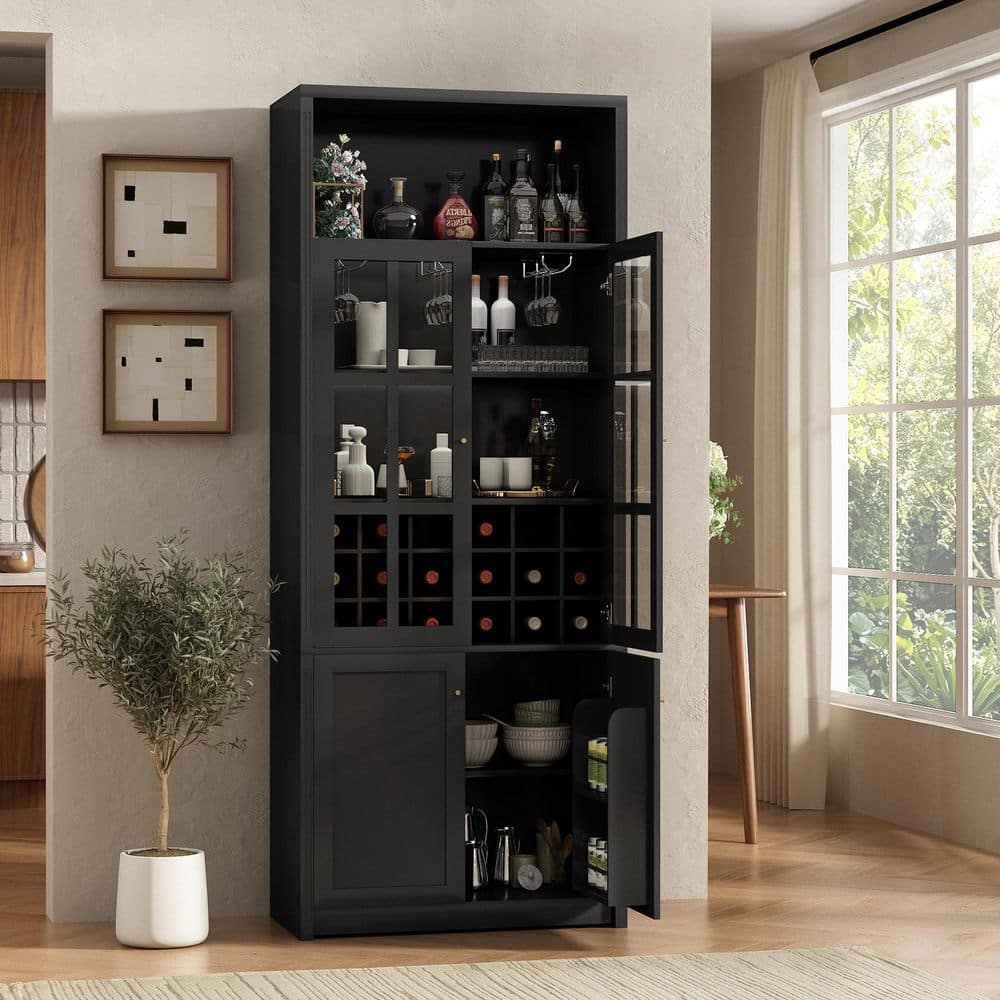 Black 31.5 in. W Wine Cabinet with Glass Doors, 18-Bottle Grid, Stemware Rack, Door Shelves and Adjustable Cabinet