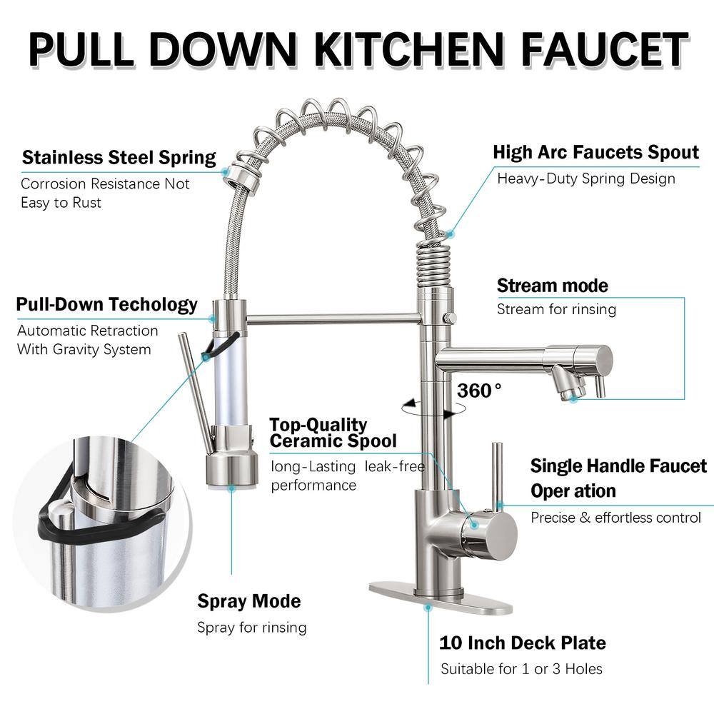 Brushed Nickel Stainless Steel Pull Down Kitchen Faucet with Sprayer