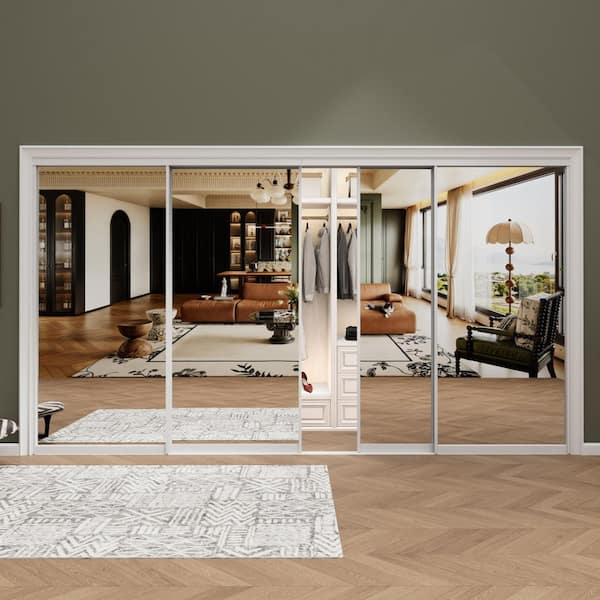 120 in. x 80 in. 1-Lite White Mirrored Glass and Aluminum Frame Finished Closet Sliding Door with Hardware Kit