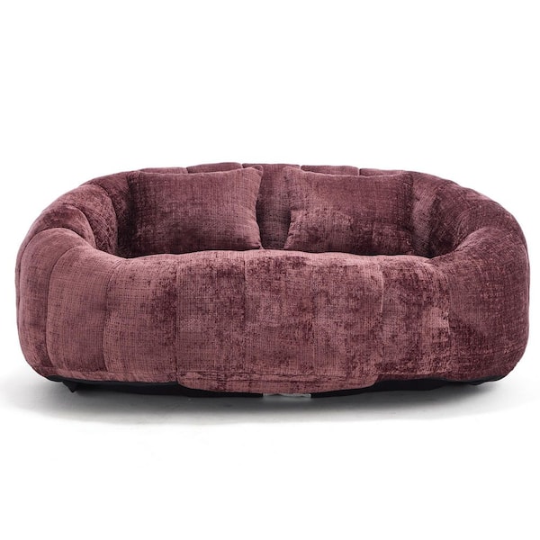 59 in. Wine Red Chenille 2-Seater Loveseat Comfort Lounger High Back Bean Bag Chair Lazy Sofa Couch with Pillows