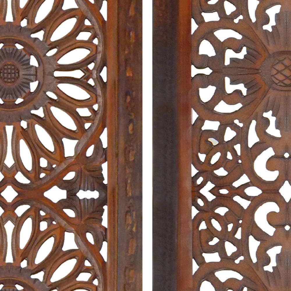Burnt Brown Mango Wood Wall Panels with Medallion Carving, 16" x 48"