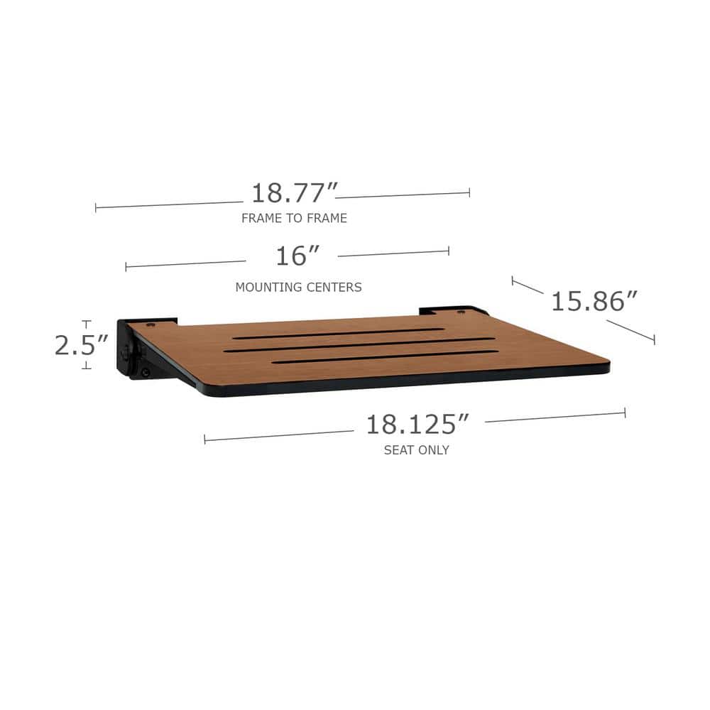 Rustic Teak Folding Wall Mount Shower Bench Seat with Matte Black Frame