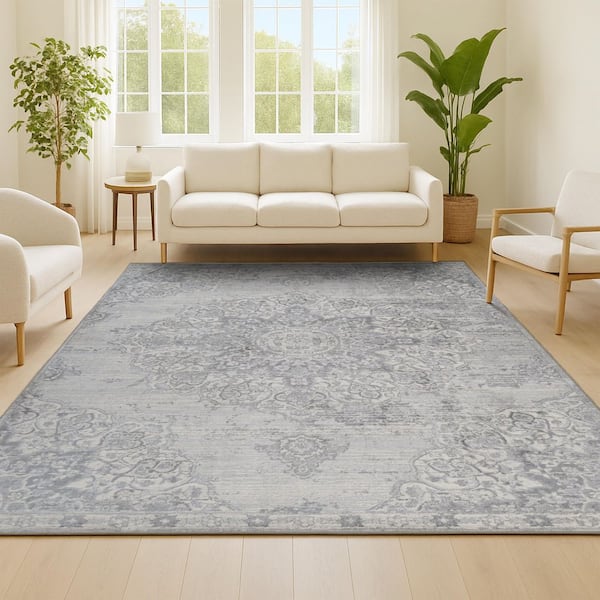 Modern Light Gray 3 ft. x 5 ft. Persian Vintage Moroccan Medallion Area Rug