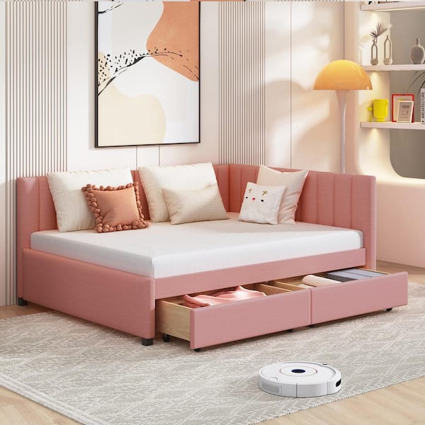 Harper & Bright Designs Pink Full Size Upholstered Wood Daybed with Storage Drawers, No Box Spring Needed