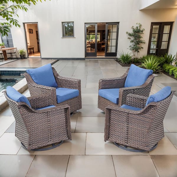 SlideArm Brown Wicker Outdoor Rocking Chairs, Patio Swivel Gliders with Navy Blue Cushions for Porch or Balcony (4-Pack)