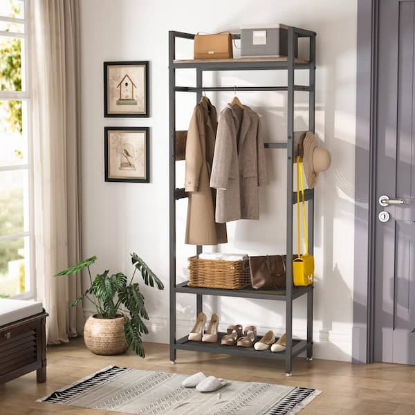Carmalita White and Brown Hall Tree with Shoe Cubby and Coat Rack, Sho