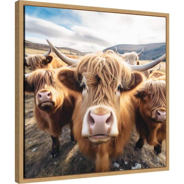 Kate and Laurel Sylvie Funny Animal Highland Cow Selfie by The Creative Bunch Studio Framed Art Print 22 in. x 22 in.