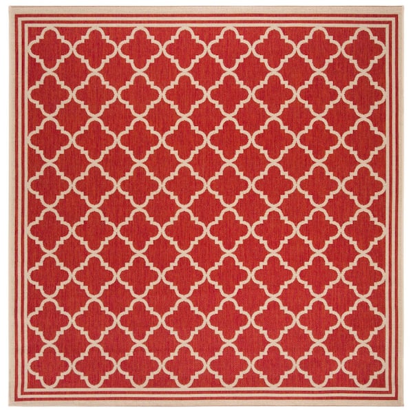 SAFAVIEH Beach House Red/Cream 4 ft. x 4 ft. Border Trellis Indoor/Outdoor Patio  Square Area Rug