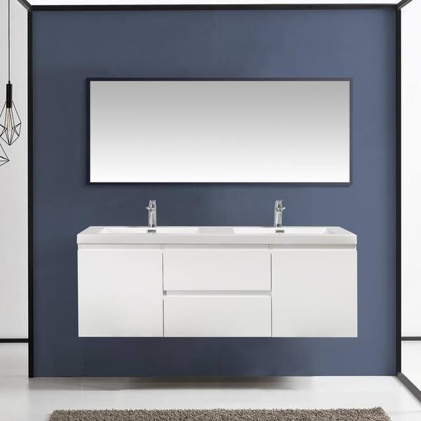 Satico 59.06 in. W x 19.69 in. D Wall-Mounted Bath Vanity in High Glossy White with White Glossy Resin Top