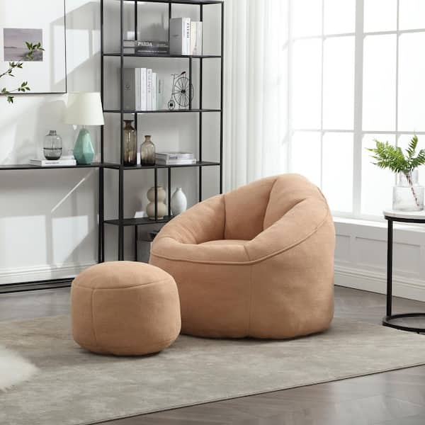 Tan Microfiber Bean Bag Chair with Ottoman, Foam Filled Lounge Seat for Bedroom, Living Room and Reading Room