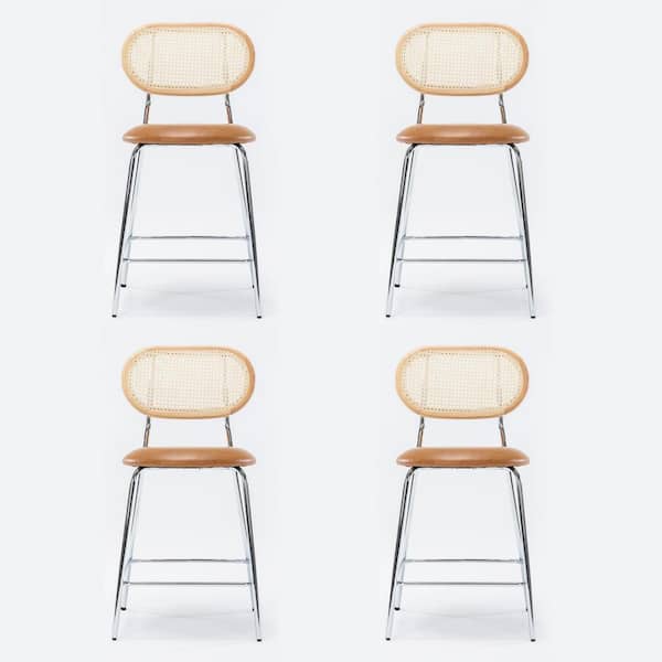 Rattan Counter Height Bar Stools With Faux Leather Seat (set of 4)