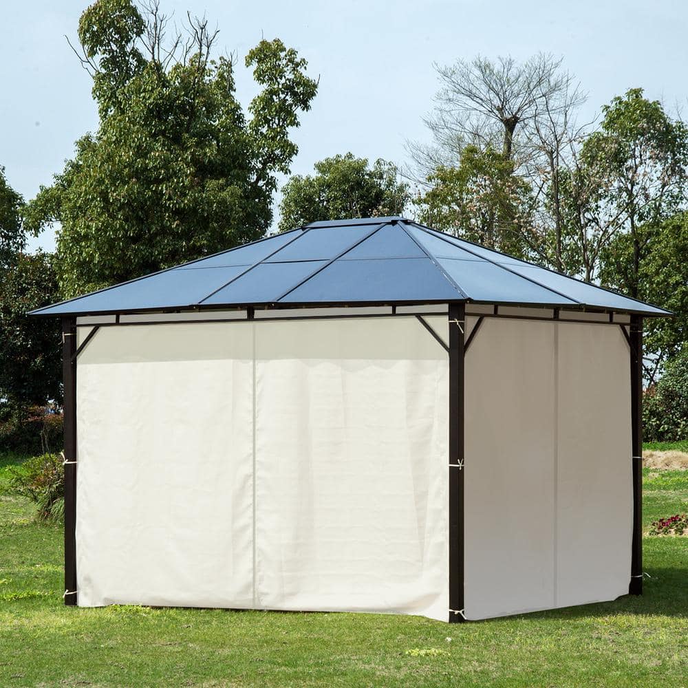 Natural Wood and Steel Hardtop Gazebo with Curtains