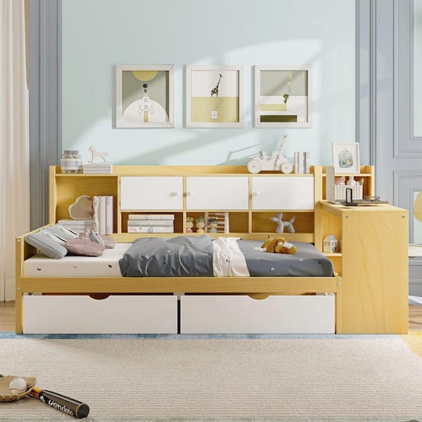 Natural/White Twin Daybed with 7-Storage Cabinets, 2 Storage Drawers, Study Desk and Built-in Bookshelf