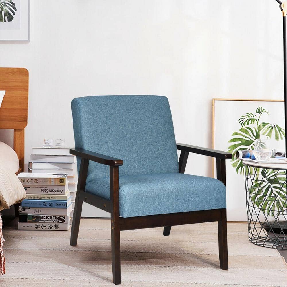 Blue Linen and Rubber Wood Mid-Century Modern Accent Chair