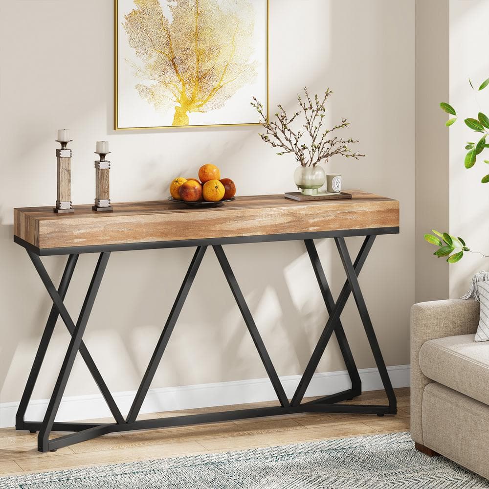 Rustic Brown 55" Wood and Metal Console Table with Storage