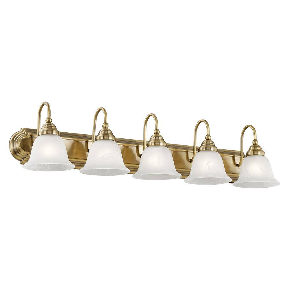 Antique Brass 36" 5-Light Vanity with Alabaster Glass