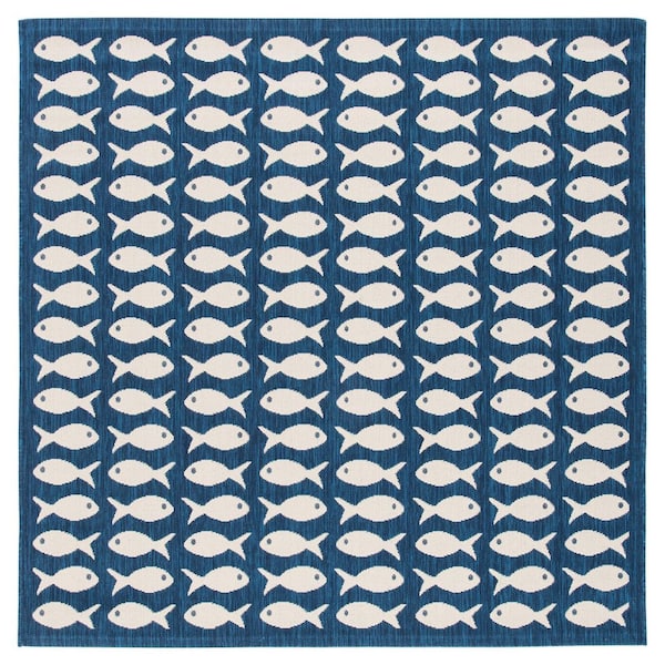 Courtyard Navy/Beige 4 ft. x 4 ft. Geometric Fish Indoor/Outdoor Square Area Rug