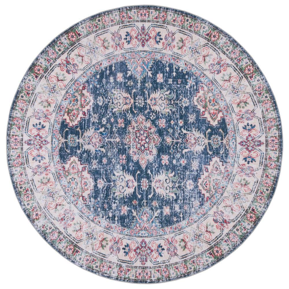 Navy and Beige Round Hand-Knotted Washable Area Rug