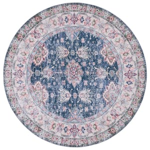 Tuscon Navy/Beige 6 ft. x 6 ft. Machine Washable Border Floral Distressed Round Area Rug