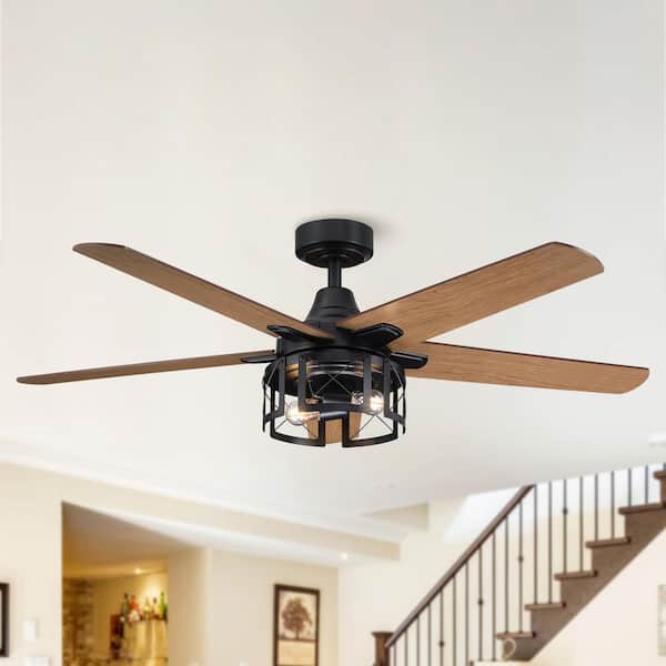 Parrot Uncle 52 in. Indoor Industrial Reversible Blades Matte Black Ceiling Fan with Light Kit and Remote Control