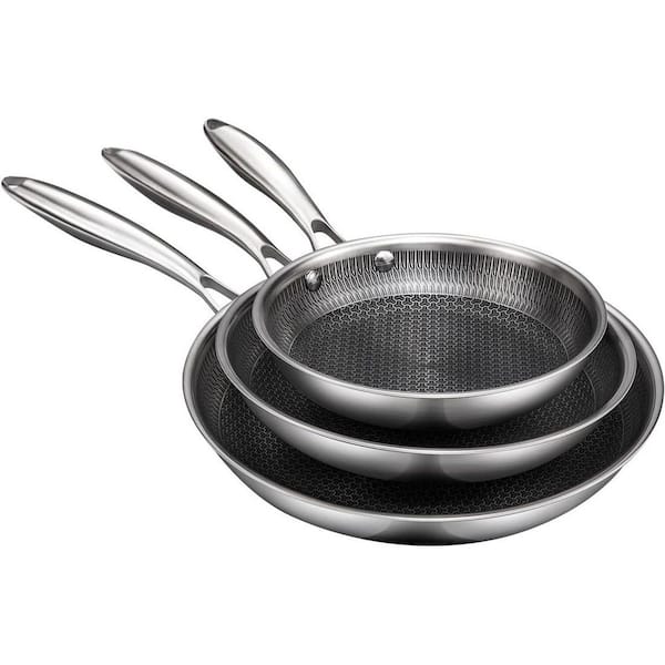 3-Piece Platinum Nonstick Stainless Steel Frying Pan Set Hybrid Mesh Dishwasher Safe Oven Safe Induction Compatible