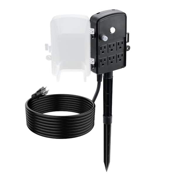Outdoor Power Stake, 15 ft. Cord, Weatherproof Power Strip with Cover & Overload, 6 Outlets, 15A/1875W, Waterproof
