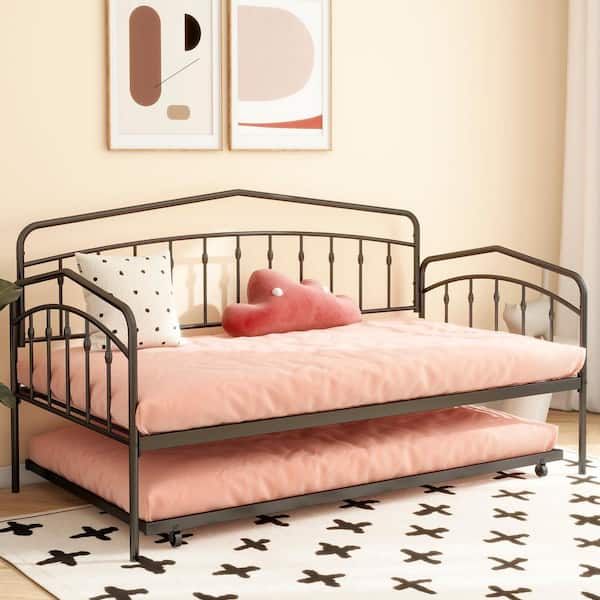 Noble House Sqasa Twin Daybed with Twin Trundle, Metal, Black without Mattress