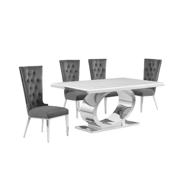 Best Quality Furniture Ibraim 5-Piece Rectangle White Marble Top Stainless Steel Base Dining Set 4 Dark Grey Velvet Fabric Chairs