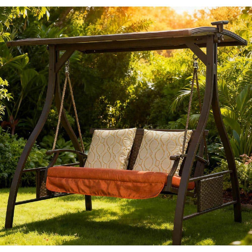 2 Person Metal Patio Porch Swing with Adjustable Canopy, Solar LED
