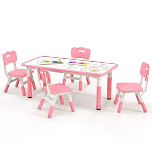 5-Piece Rectangle Graffiti Desktop Pink Kids Height Adjustable Table and 4-Chairs Set