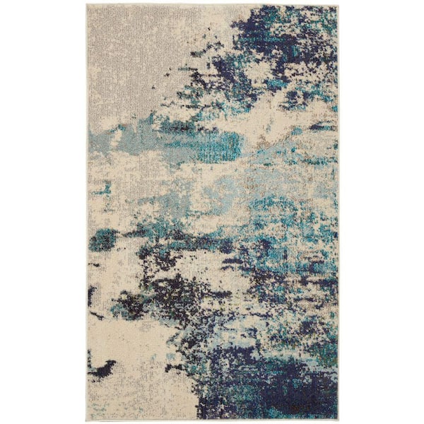 Celestial Ivory/Teal Blue 3 ft. x 5 ft. Abstract Modern Kitchen Area Rug